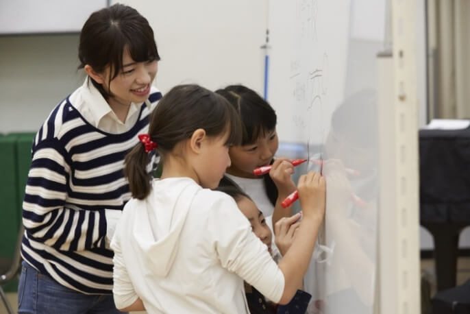 子供たちが先生と一緒にホワイトボードに絵を描いている様子