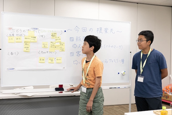 ホワイトボードを使用してシャインマスカットのプレゼンを行う参加者の写真