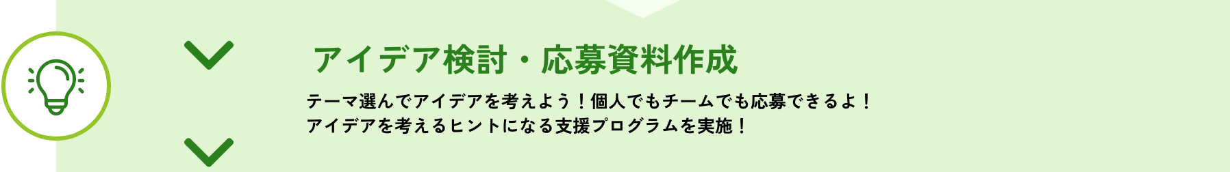 アイデア検討・応募資料作成：テーマ選んでアイデアを考えよう！個人でもチームでも応募できるよ！アイデアを考えるヒントになる支援プログラムを実施！