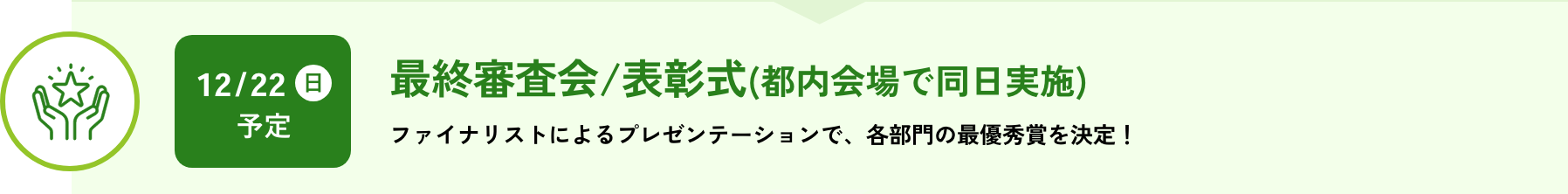 最終審査会/表彰式(都内会場で同日実施):ファイナリストによるプレゼンテーションで、各部門の最優秀賞を決定！