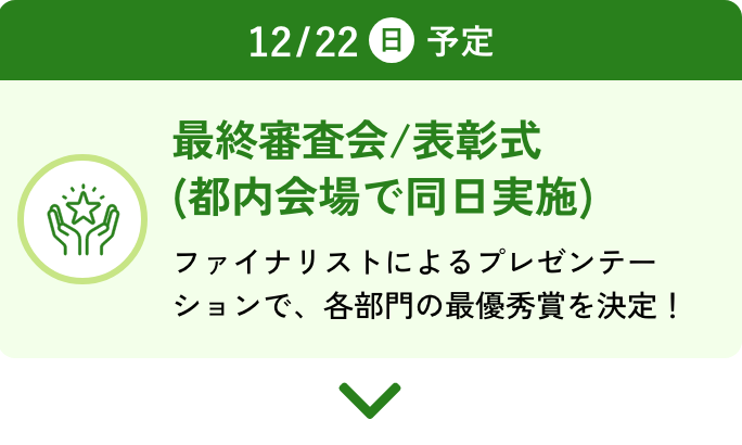 最終審査会/表彰式(都内会場で同日実施):ファイナリストによるプレゼンテーションで、各部門の最優秀賞を決定！