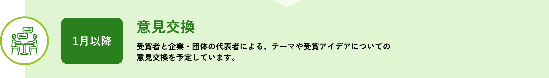 意見交換：受賞者と企業・団体の代表者による、テーマや受賞アイデアについての意見交換を予定しています。