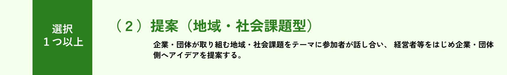選択/1つ以上/(2)提案(地域・社会課題型)/企業・団体が取り組む地域・社会課題をテーマに参加者が話し合い、 経営者等をはじめ受入企業・団体側へアイデアを提案する。