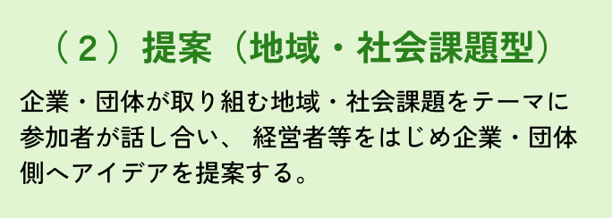 選択/1つ以上/(2)提案(地域・社会課題型)/企業・団体が取り組む地域・社会課題をテーマに参加者が話し合い、 経営者等をはじめ企業・団体側へアイデアを提案する。