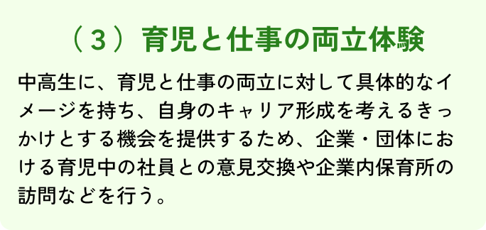 選択/1つ以上/(3)育児と仕事の両立体験/中高生が、育児と仕事の両立を具体的に学び、自身の将来を考える機会を提供するために、企業・団体における育児中社員との意見交換や企業内保育所訪問を実施する。